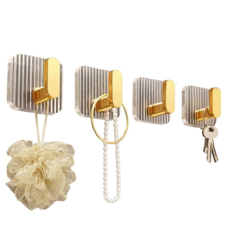 4 pcs self Adhesive Kitchen wall Hooks Luxury Gold Adhesive Hooks for Bathroom Kitchen Towel Hanger Key Holder wall Mounted Organizer no Drill Hooks