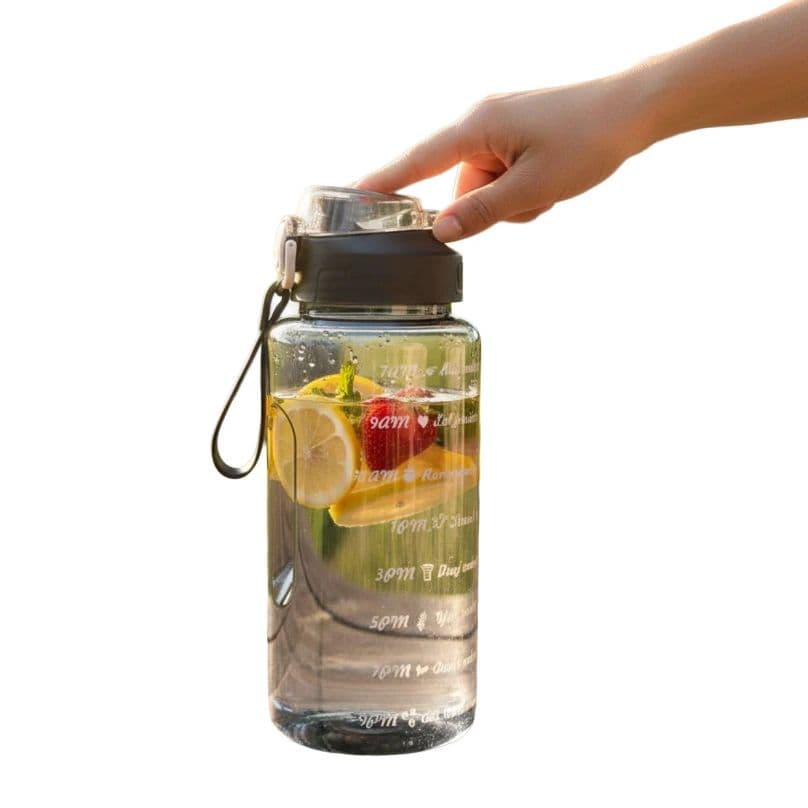 Motivational Water Bottle with Times to Drink & Straw - Large Half Gallon Water Jug with Time Marker - Leakproof BPA Free Sports Bottle for Fitness, Gym, and Office (Black)