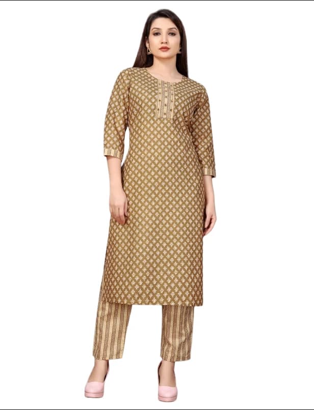 Women and Girl's Cotton Blend Foil Print Kurta Pant Set | Kurta Set |Readymade Ethnic Wear Set for Women and Girls