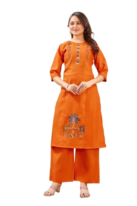 STYLEY Women PLAAZO Pair | Women's Traditional Indian Ethnic Wear with 3/4 Sleeves | Embroidered Kurta with Palazzo Pair Set [ Soft Orange Cotton ]