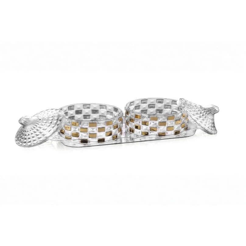 Premium Luxury Ribbed Acrylic Dry Fruit Tray with 2 Airtight Jars – Crystal Finish Multipurpose Serving Set for Home, Office & Gifting (Transperant)