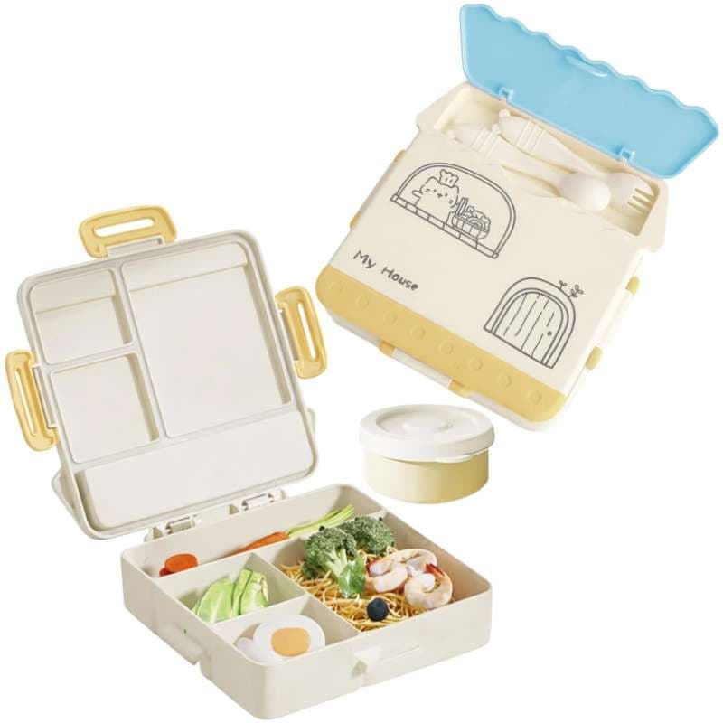 Kids Lunch Box for School with Compartments | BPA Free Leak Proof Plastic Tiffin Box for Kids Boys & Girls | Cute Cartoon Lunch Box with Spoon & Fork | Multicolor