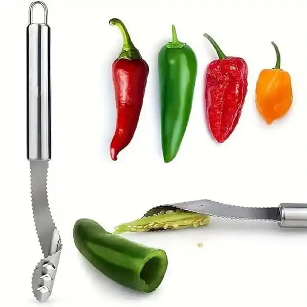 Chili Corer Remover Kitchen Tool Stainless Steel Pepper Deseeder – Serrated Core for Jalapeños Bell Peppers Fruits Vegetables Chili Seed Knife (Pack of 1)