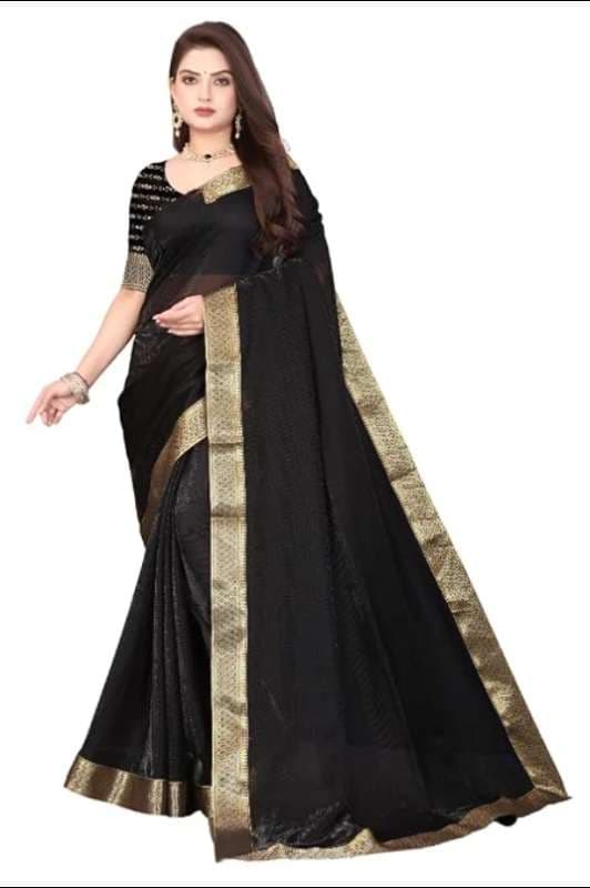 Women's Midnight Gilded Shimmer Saree with Golden Border |Designer Sari for Wedding & Festive Occasion