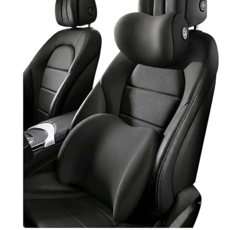 Memory Foam Car Neck Support Pillow & Lumbar Back Support Cushion Set | Ergonomic Headrest & Lower Back Cushion | Universal Fit for Car, SUV, Truck & Office Chair | Breathable Soft Fabric | Black