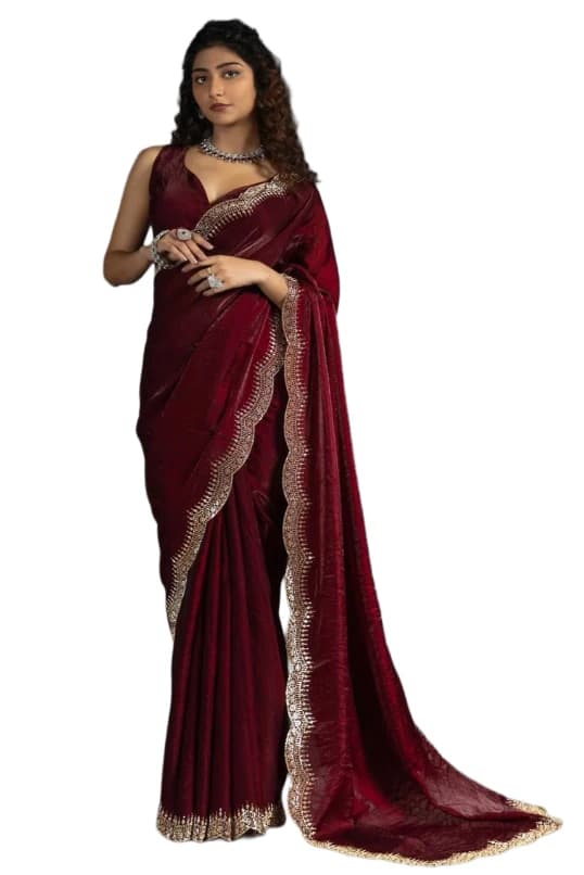 Women's Maroon Satin Silk Beads & Stones Saree With Unstitched Blouse Piece