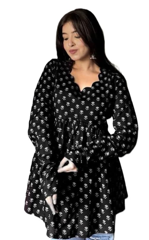 Printed Rayon fancy neck Cotton Top Short Kurti for womens Printed short top Peplum Top Short flared Tunics for womens Black colour Short kurtis For jeans