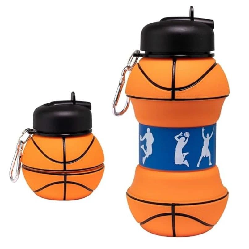 Basketball Shaped Collapsible Water Bottle | with Carabiner, Foldable Reusable Silicone, Leak Resistant, for School, Gym