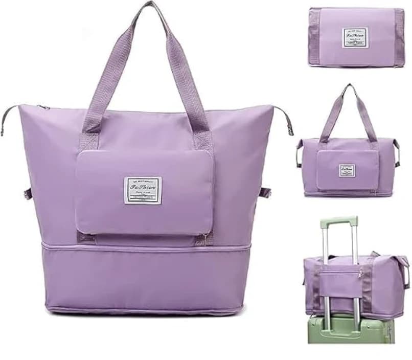 Foldable Duffel Bag for Travel, Large Capacity Tote with Trolley Sleeve, Purple