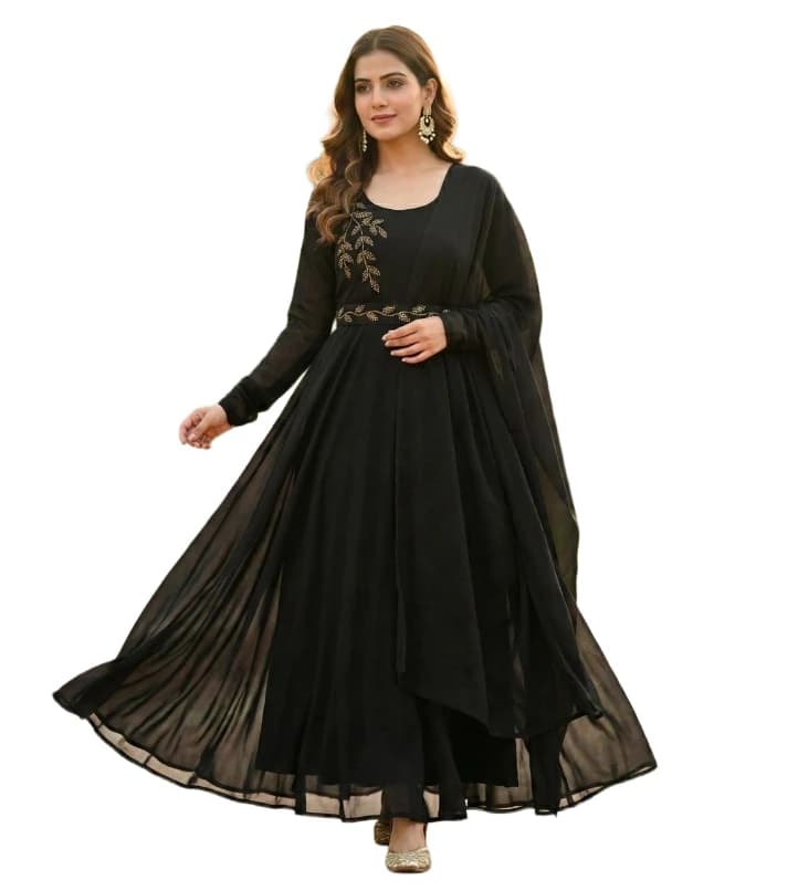 Womens Georgette Full Sleeves Round Neck Gown Featuring Leaf Design On The Chest with Leaf Design Belt and Dupatta 3 Piece Ethnic Wear