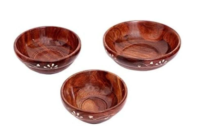 Wooden Serving Bowls Set of 3, Brown Handcrafted | Multipurpose Wooden Bowls for Snacks, Dry Fruits, Fruits, Salad, Desserts and Serving | Kitchen and Dining Table Bowl Set