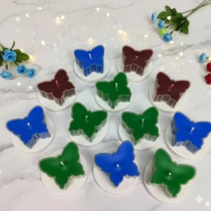 Butterfly Tea Light Candle, Multicolour, Unscented, 100% Soy Wax, Acrylic Container, 4.5 x 4 x 2 cm, 6hr Burning Time (10 item)