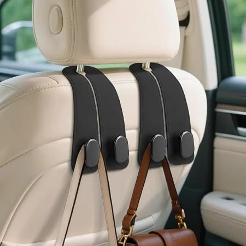 Car Seat Headrest Hook, Double Hooks with Phone Holder, Heavy Duty, Black