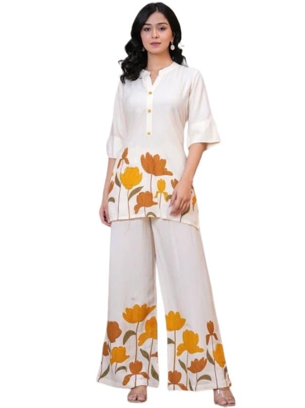 Women's Pure Rayon 3/4 Sleeves Collar Neck Co_Ord Set Featuring Lotus Design Breathable Soft Fabric