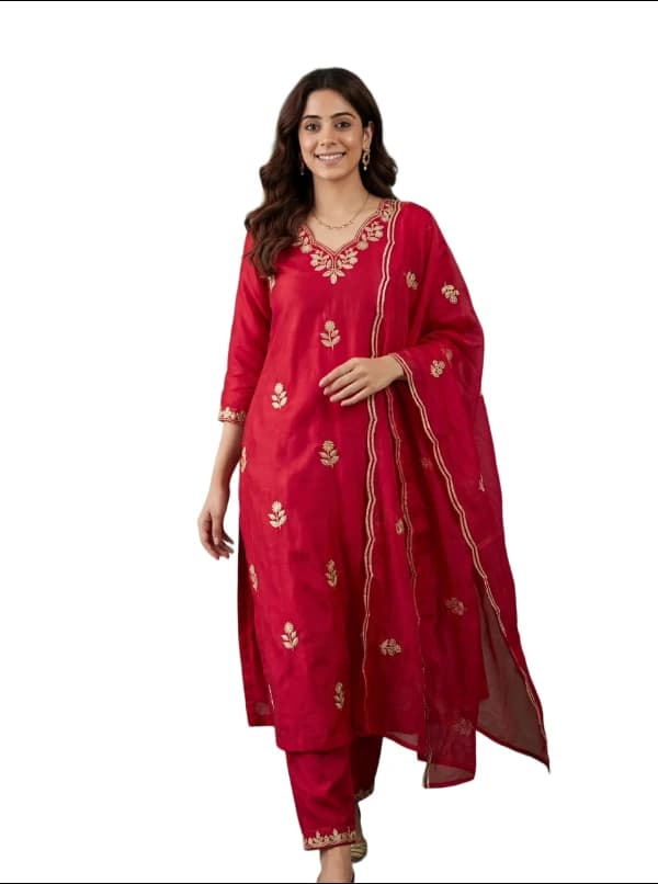 Women’s Embroidered Straight Kurta Pant Dupatta Set | Premium Ethnic Kurta Set for Women