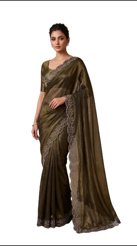 Elegant Olive Green Designer Saree with Intricate Embroidered Border and Matching Blouse for Women – Party Wear, Wedding & Festive Ethnic Collection