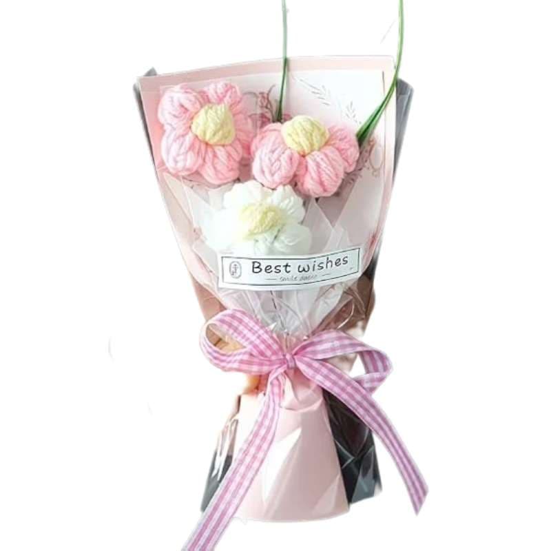 Handmade Knitted Flower Bouquet with Pink Ribbon and Decorative Wrap | Crochet Flower Bouquet for Home Décor, Birthday, Anniversary, Wedding, Valentine's Day and Gift Giving