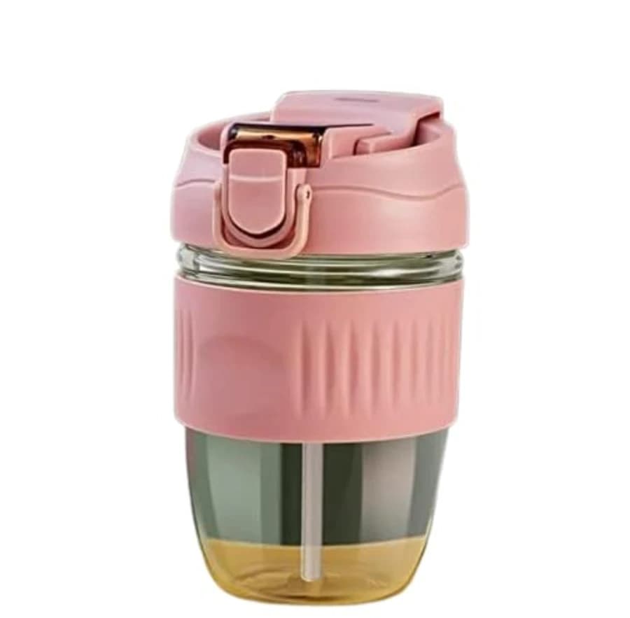 Reusable Glass Coffee Sipper with Lid and Straw, 350ml Leakproof Travel Mug for Hot and Cold Drinks, Pink