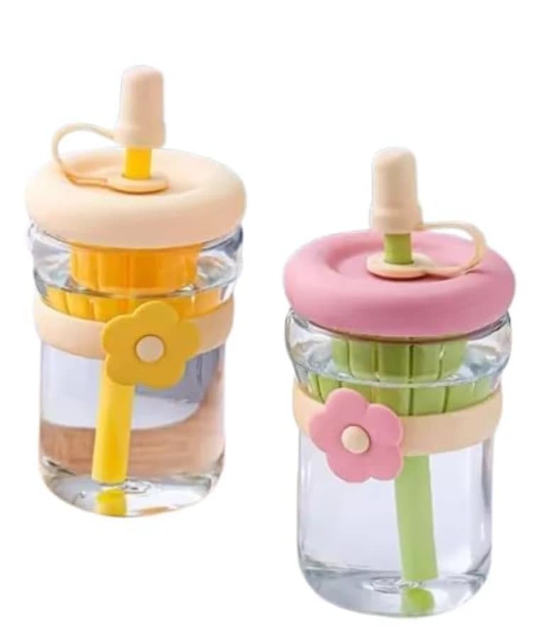Glass Fruit Infuser Water Bottle with Straw, 500ml, Cute Flower Design, Leakproof, for Detox Water, Smoothies, Juice