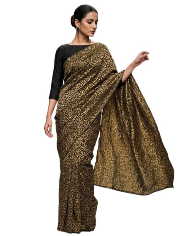 Women's Elegant Black and Antique Gold Printed Saree with Matching Blouse | Traditional Ethnic Festive Wear for Wedding, Party and Special Occasions