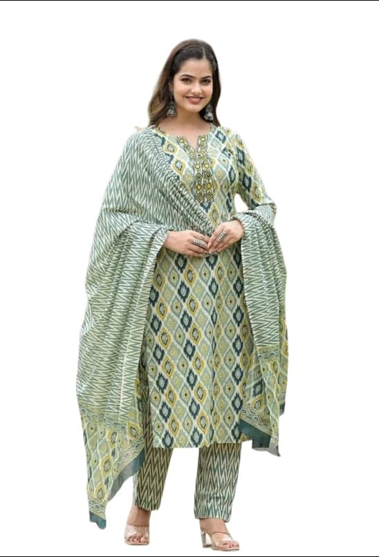 Women's Cotton Blend Straight Printed Kurta with Pant & Dupatta