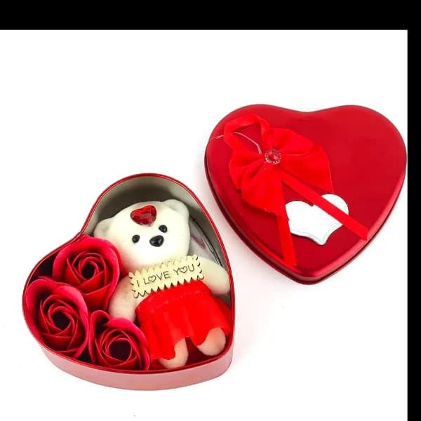 STUFF TEDDY WITH ROSES IN HEART BOX GIFT