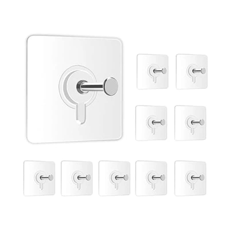 Self Adhesive Wall Hooks, Heavy Duty, Transparent, No Drilling, Holds up to 5 kg, for Frames, Kitchen and Bathroom, 6x6 cm, 10 Pack