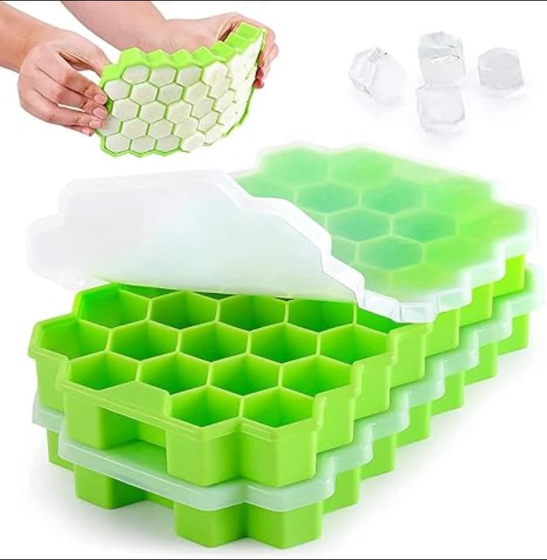 Flexible Silicone Ice Cube Tray with Lid – 37 Hexagon Ice Cubes, BPA Free Food Grade Silicone, Easy Release, Stackable Ice Tray for Freezer, Juice, Water, Whiskey, Cocktail & Baby Food