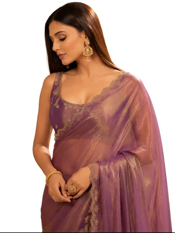 Women’s Purple Designer Party Wear Saree with Golden Embroidered Border & Stylish Blouse Piece