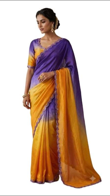Women's Ombre Designer Saree with Scalloped Embellished Border and Matching Blouse | Elegant Ethnic Party Wear for Festive and Wedding Occasions