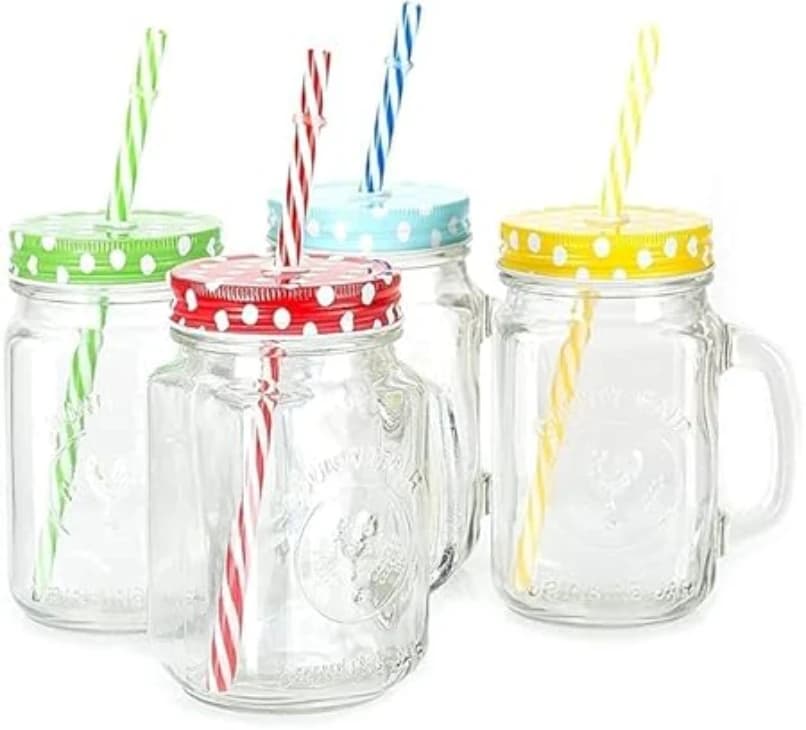 Glass Mason Jar 450ml with Airtight Lid and Reusable Straw | Ice Cold Drink Mug Handle for Kitchen Juice Smoothie | Sipper Bottle Cocktail Mocktail Shaker Cup | Transparent Drinking Tumbler