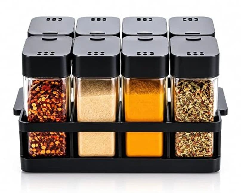 Spice Jar Set with Rack, 8 Clear Spice Containers with Sliding Lid, Rectangular Seasoning Storage Box, Kitchen Masala Organizer for Herbs, Salt, Pepper and Cooking Essentials