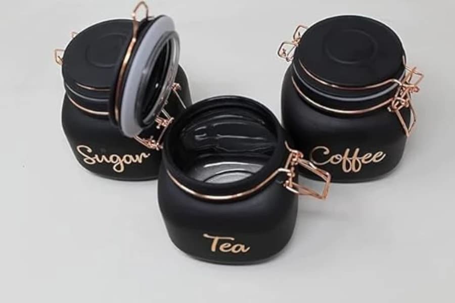 Kitchen Storage Canister Set, Matte Black Glass Jars with Airtight Lids, for Tea, Coffee, and Sugar, Set of 3