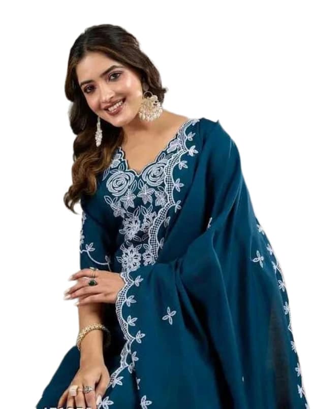 Silk Kurta Pant Set with Dupatta for Women | 3 Piece Embroidery Printed Suit Set | Silk Kurta Set for Women | Festive Kurti Set