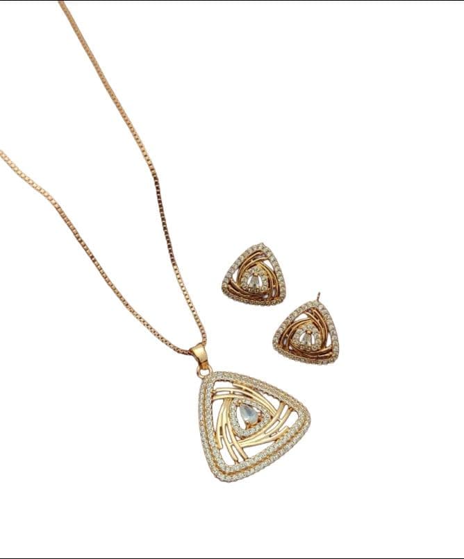 Premium Rose Gold Plated Triangle Pendant Necklace Set with Stud Earrings | American Diamond Crystal Jewelry Set for Women & Girls