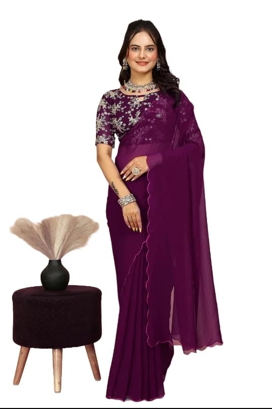 Women's Floral plain Georgette Saree with Fully Embroidered Work Unstitched Blouse Piece | casual wear | Reception saree for women