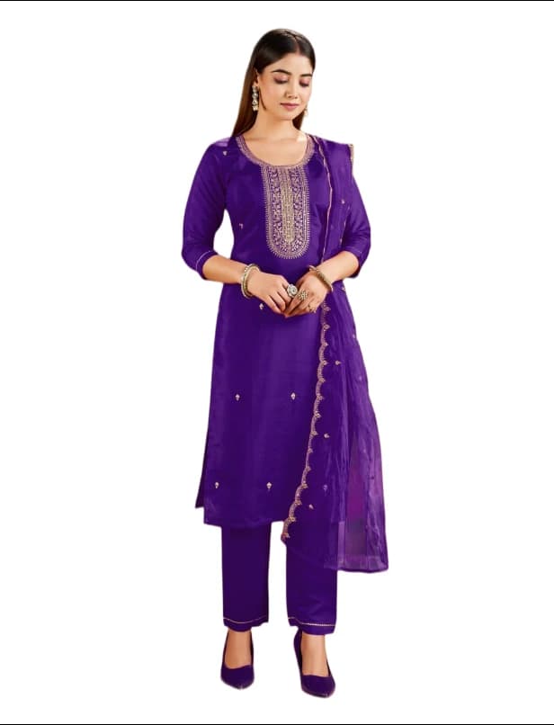 Women’s Elegant Embroidered Kurta Pant Dupatta Set – Premium Ethnic Suit Set with Golden Embroidery | Festive, Party & Traditional Wear for Women