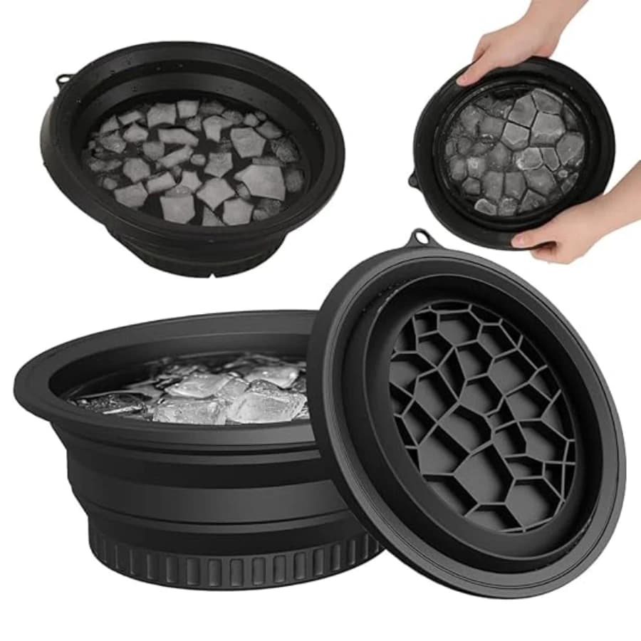 Collapsible Silicone Ice Tray Bucket, Portable Dual Slot Drink Holder Organiser with Ice Compartment, Black