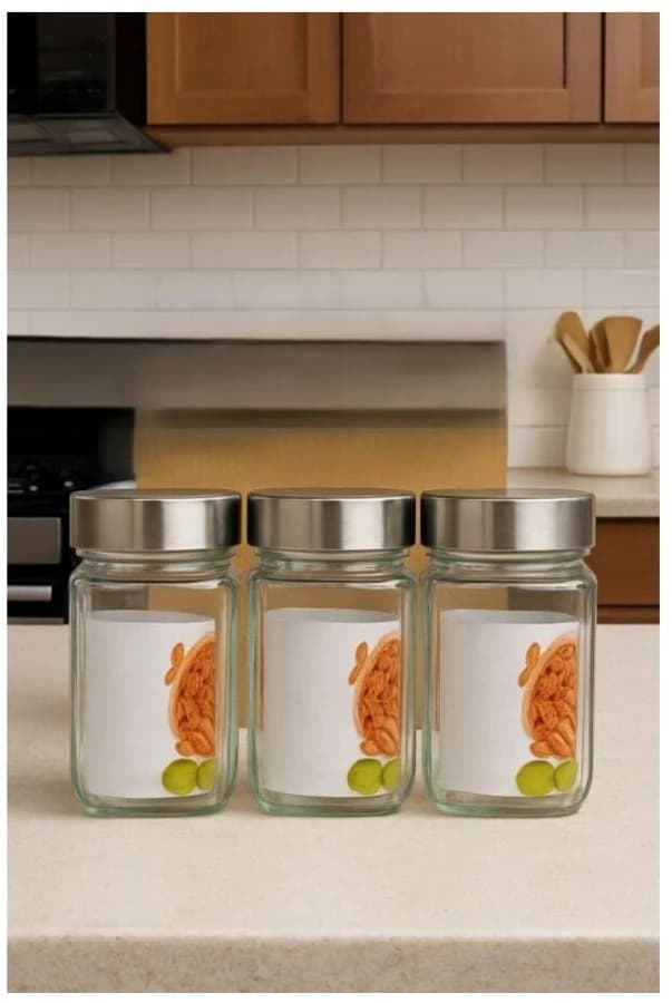 Sqaure Jar 340ml 3pcs Cube Storage Containers Glass Jar with Air Tight Steel Lid Transparent Jars for Snacks Pulses Masala Pickles Cereals Cookies Dry Food