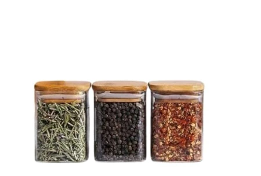 Square Glass Spice Jar Set of 3 with Wooden Lid, 330ml Airtight Storage Containers for Herbs, Masala and Dry Food