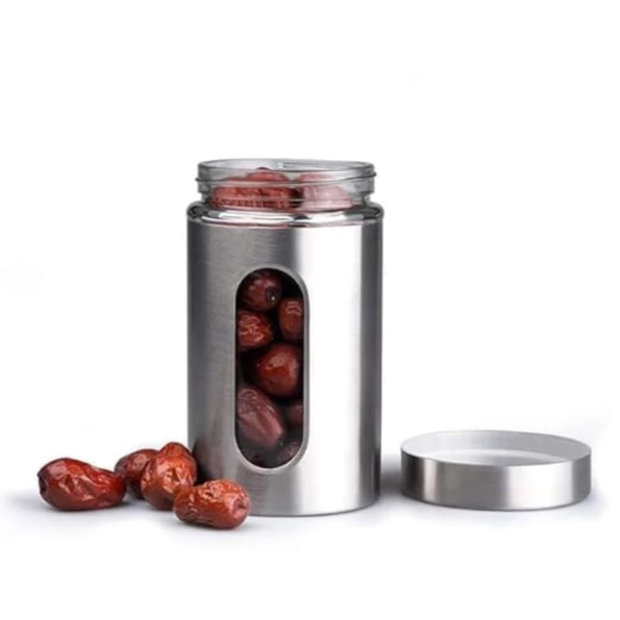 Stainless Steel Plated Glass Kitchen Canister with Airtight Lid, Clear Window, 550ml, for Coffee, Sugar and Spices