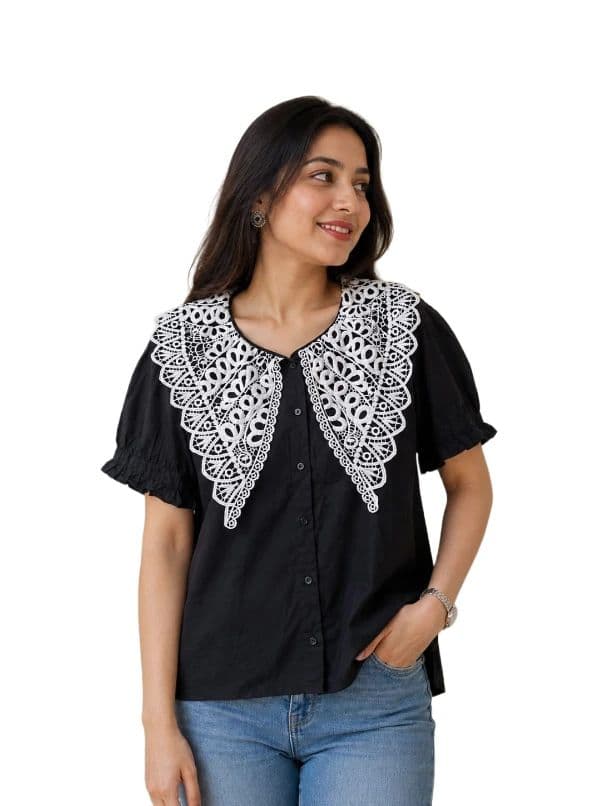 Women’s Stylish Lace Collar Button Down Top for Casual Wear, Elegant Short Sleeve Fashion Shirt for Girls, Trendy Everyday Western Wear