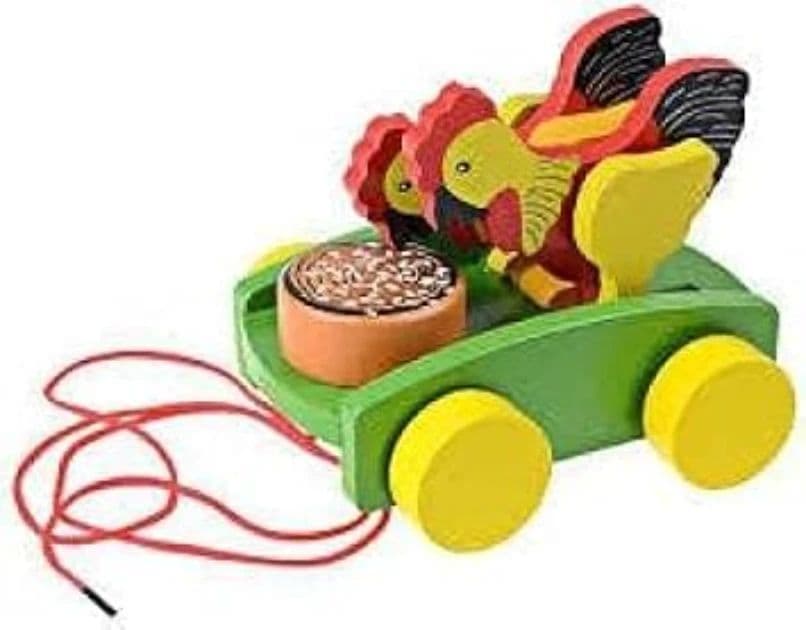 Wooden Chicken Pull String Toy Car for Kids, Animal Drum Musical Rolling Activity Toy with Beads and Rope, Early Learning Educational Sensory Development for Boys and Girls Gift Item