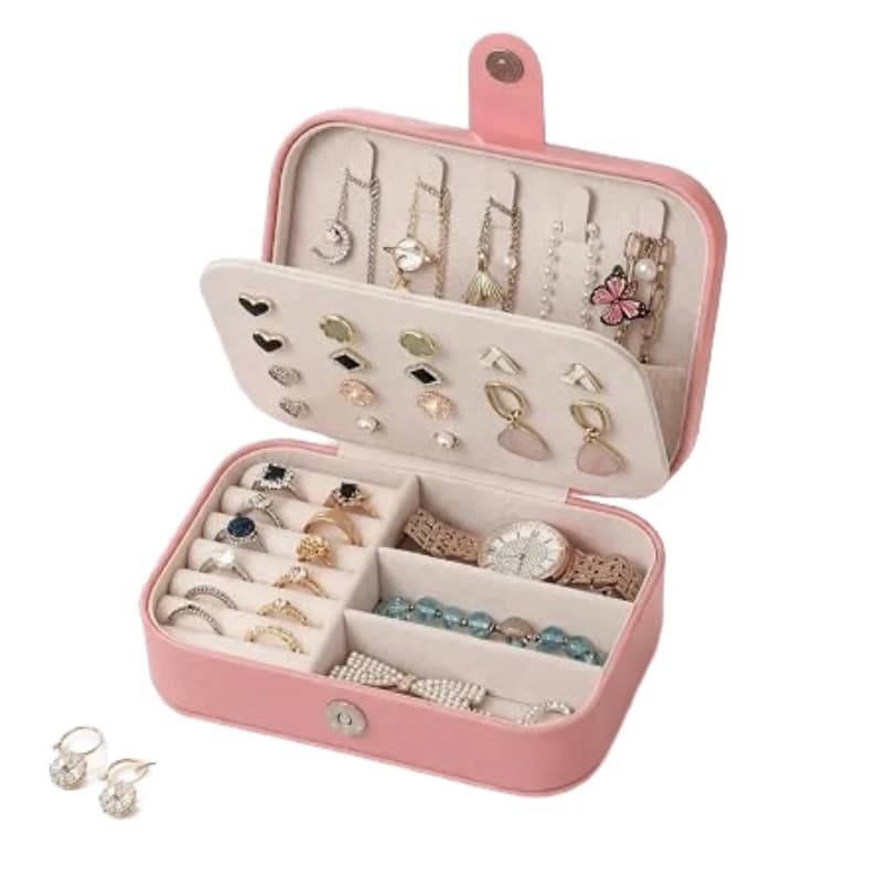 Mini Jewelry Storage Box with Earring Holder, Ring Slots & Necklace Hooks, PU Leather Travel Jewellery Organizer for Women & Girls