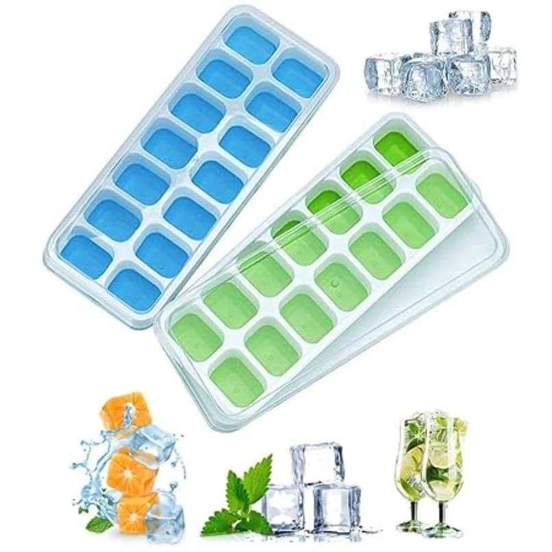 Covered Ice Cube Tray with Lid, Easy Release Silicone Base, Spill-Proof Ice Cube Maker Tray, BPA Free Flexible Ice Tray for Freezer, Cocktails, Juice & Cold Drinks (2)