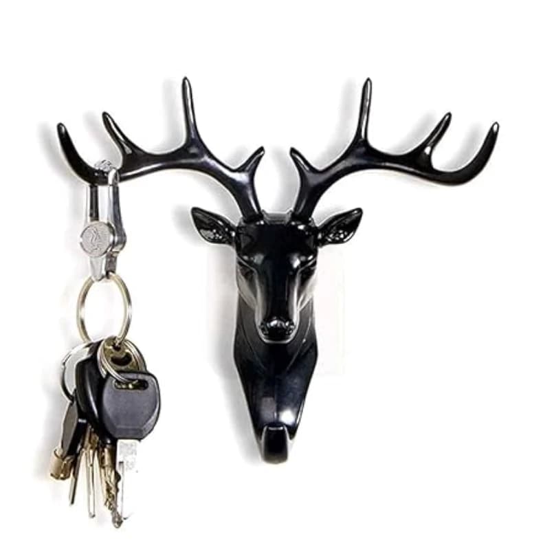 Deer Head Wall Hanger Multipurpose Decorative Key Holder Hook | Animal Antler Wall Hook for Keys, Bags, Caps & Accessories | Stylish Home Décor Wall Mounted Hook (Black)
