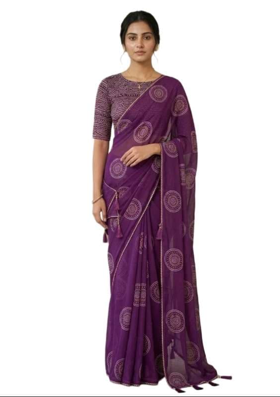 Women's Royal Purple Saree with Golden Circular Motif Print and Designer Blouse | Elegant Traditional Festive and Party Wear