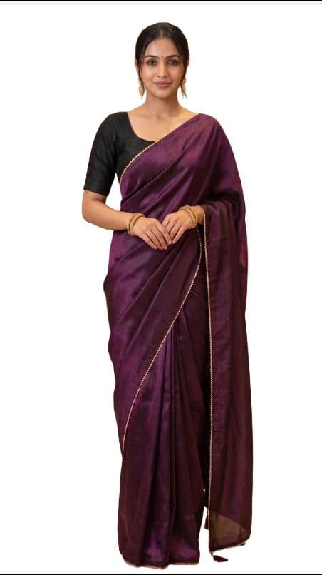 Women's Elegant Wine Purple Saree with Minimal Golden Lace Border and Matching Designer Blouse | Traditional Festive Party Wear Ethnic Collection