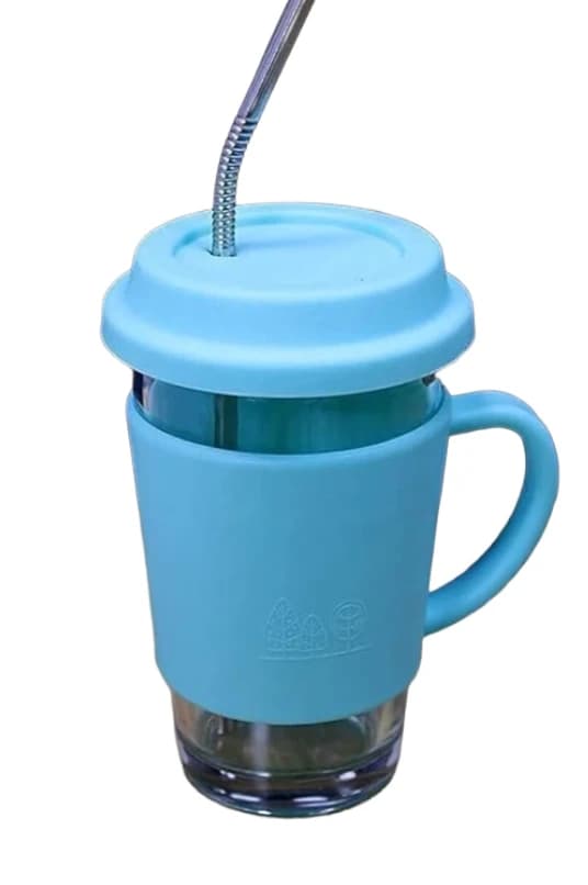Glass Travel Mug with Lid, Silicone Cover, Leak-Proof Cup for Hot & Cold Drinks, Teal