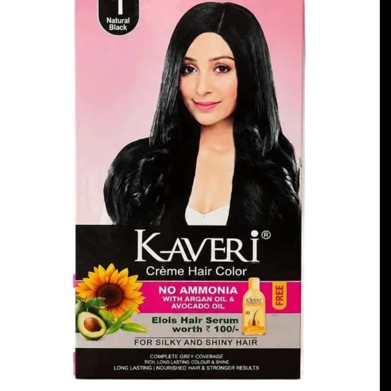 Kaveri Crème Hair Color Natural Black Shade 1 | No Ammonia Hair Color Cream with Argan Oil & Avocado Oil | 100% Grey Coverage | Long Lasting Hair Dye with Free Hair Serum